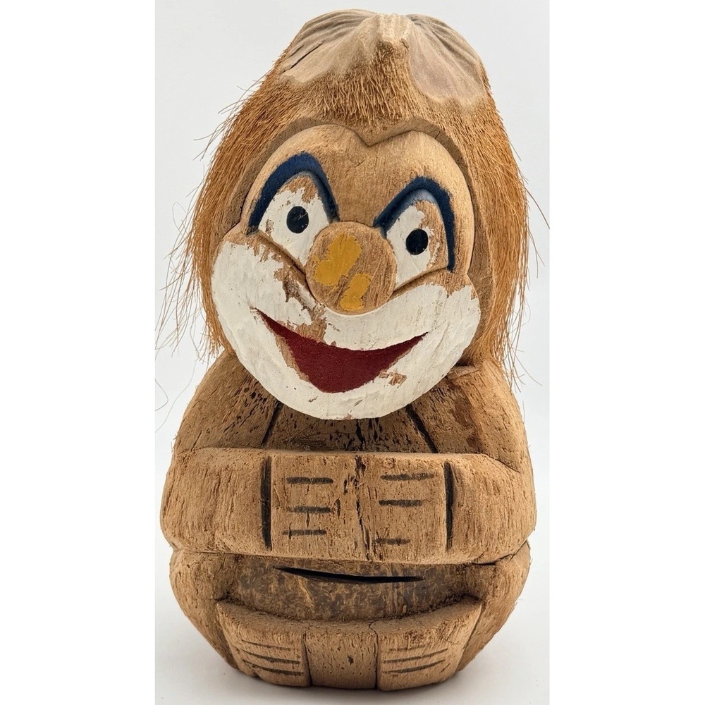Hand Carved Coconut Clown Piggy Bank Tiki Bar Decor Hawaiian Souvenir Vintage